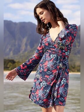ROXY SMALL HOURS PRINTED FLARED SLEEVE WRAP DRESS DRESS SZ S NWT